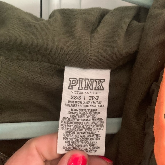 Victoria Secret Pink XS-S Zip up Jacket Army Green/Orange Nylon Hooded - Picture 5 of 6